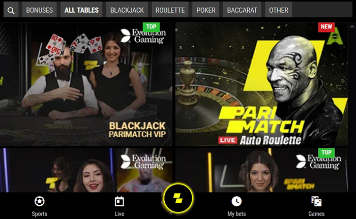 Live Casino in Parimatch mobile app.