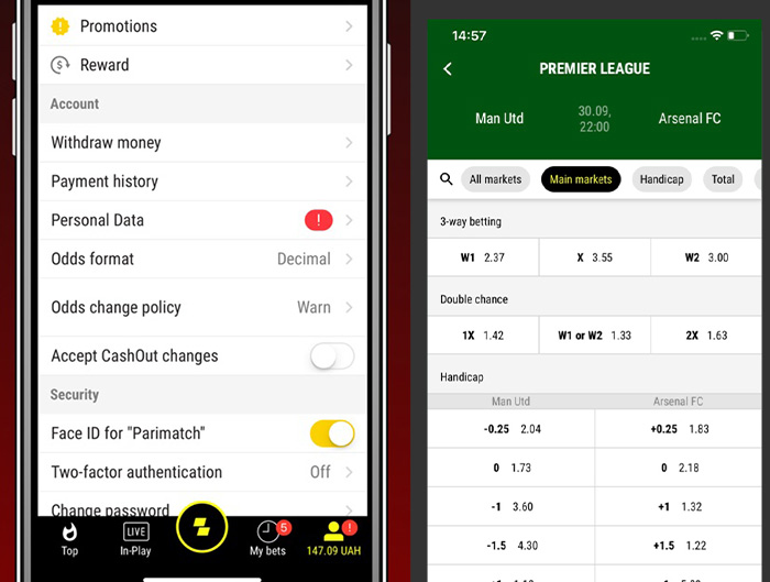 CashOut in Parimatch mobile app.